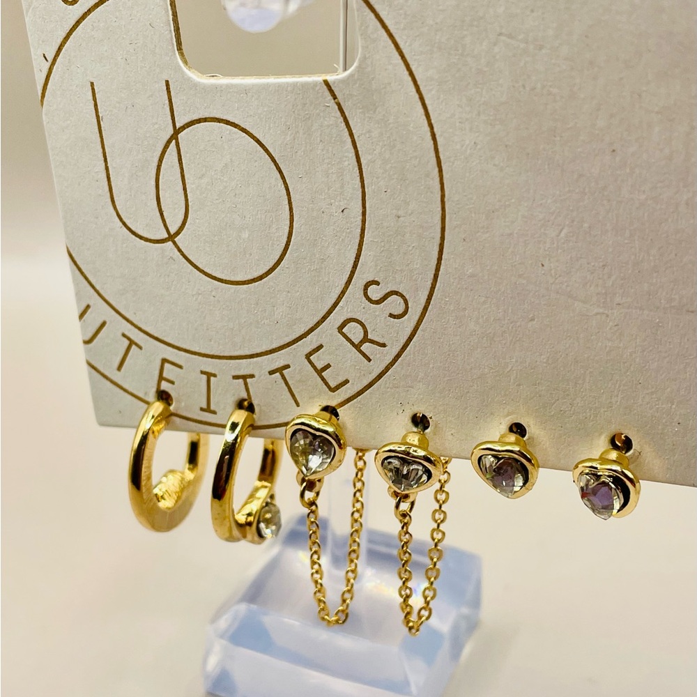 Urban Outfitters 3 earrings set. Gold and clear rhinestone heart charms